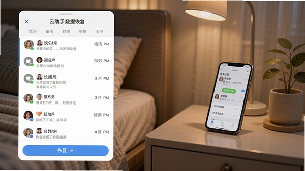 微聊天记录备份云助手数据恢复界面截图,展示聊天记录列表与恢复按钮,背景为现代卧室,手机放在床头柜上,屏幕亮起,整体氛围温馨舒适,突出数据恢复的简便与可靠