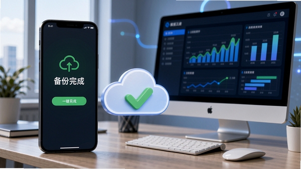 微聊天记录备份云助手一键备份功能演示图,手机屏幕显示备份完成状态,旁边有云端存储图标和绿色对勾,背景为办公桌,电脑屏幕显示数据统计图表,整体氛围专业且充满科技感,突出高效与安全