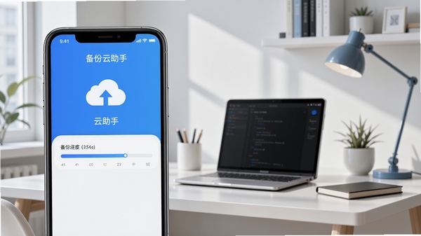 微聊天记录备份云助手主界面预览图,展示手机屏幕中备份进度条与云端同步图标,背景为现代简约风格书房,桌面整洁,光线明亮,突出软件界面清晰易用,整体色调以蓝色和白色为主,科技感十足
