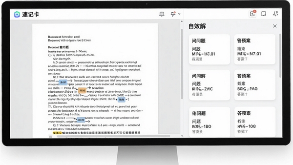 速记卡软件AI智能拆解文档并生成记忆卡片的操作界面截图,左侧为原始文档预览,右侧为自动生成的卡片列表,卡片上标注问题与答案,界面采用白色与浅灰配色,凸显科技感与高效性,画面中显示速记卡品牌名称