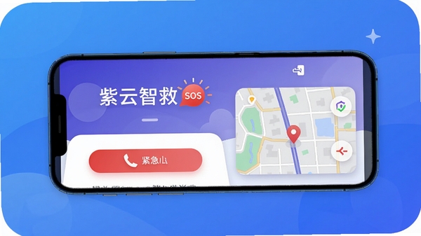 紫云智救主界面展示,手机屏幕显示紧急呼叫按钮与定位地图,背景为简洁的蓝色渐变,画面主体为软件界面,突出“紫云智救”名称与SOS标识,整体风格清晰现代,适合应用商店截图风格。
