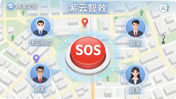 紫云智救一键求助功能示意图,画面中央为红色SOS大按钮,周围环绕定位坐标与联系人图标,背景为城市街道地图,整体风格明亮清晰,突出快速响应与精准定位特点。