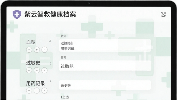 紫云智救健康档案编辑界面,显示血型、过敏史、用药记录等条目,背景为淡绿色十字图标,画面简洁专业,突出信息填写与安全存储功能,整体色调柔和。