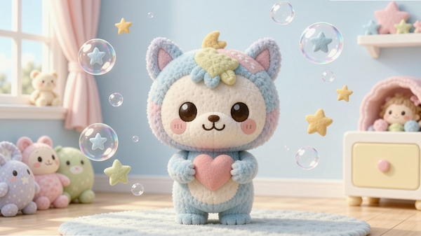 A cute and colorful MOKUKU plush toy character standing in a bright, cheerful room with soft pastel background, holding a small heart, surrounded by floating bubbles and stars, vibrant colors, high quality, digital art style, MOKUKU preview image, 3D render, soft lighting, appealing to young audience