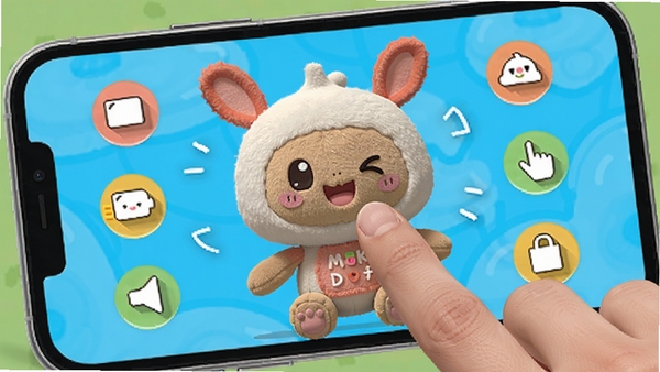 A close-up view of a hand interacting with a virtual MOKUKU plush toy on a smartphone screen, the toy is smiling and winking, with interactive icons around it, bright and playful interface, digital illustration, high resolution, showing the interactive features of MOKUKU app