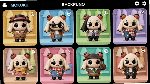 A grid of different MOKUKU plush toys wearing various outfits and accessories, such as hats, glasses, scarves, displayed in a colorful wardrobe interface, with options for backgrounds and themes, vibrant and organized, digital art style, showing the customization feature of MOKUKU app