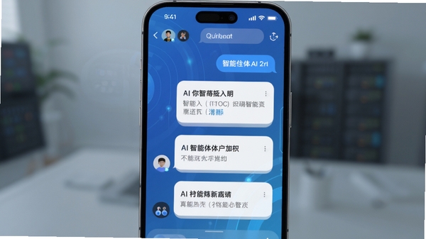 Deep超级智能体AI在手机上运行的界面截图,显示一个流畅的对话窗口,用户输入文字,AI以卡片形式回复,背景是渐变的蓝色科技感界面,界面清晰整洁,突出AI对话的智能感,手机屏幕居中,背景虚化
