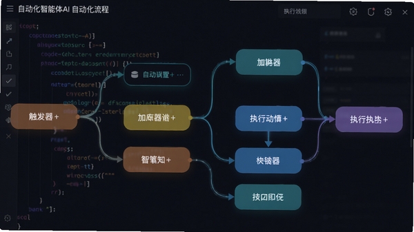 Deep超级智能体AI的自动化流程设置界面,展示一个流程图,包含触发器和执行动作,背景是深色代码风格,节点用不同颜色的圆角矩形表示,线条流畅,突出智能自动化的逻辑感