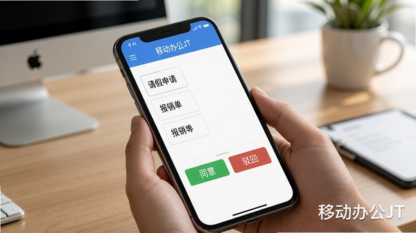 移动办公JT审批功能演示图,智能手机屏幕展示一个审批表单,包含请假申请、报销单等选项,有“同意”和“驳回”按钮,背景为整洁的办公桌,光线柔和,软件名称“移动办公JT”以水印形式出现在屏幕角落