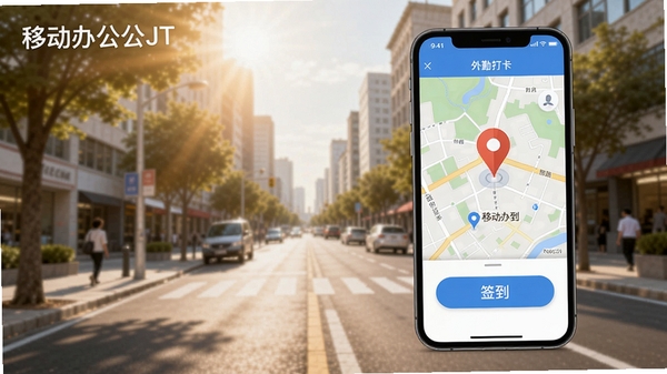 移动办公JT考勤签到界面示意图,手机地图上显示当前位置标记,并有“签到”按钮,背景为户外街道场景,阳光明媚,软件名称“移动办公JT”以水印形式呈现,突出外勤打卡的实用性