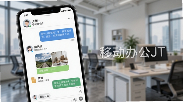 移动办公JT即时通讯界面示意图,显示手机上的聊天对话窗口,包含文字消息、图片和文件传输记录,界面风格清爽友好,头像和昵称清晰可见,背景为模糊的办公环境,软件名称“移动办公JT”以水印形式呈现