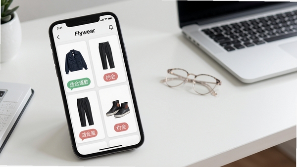 Flywear智能推荐功能展示,手机界面显示多套穿搭方案,包含上衣、裤装、鞋履与配饰组合,每套方案下方有“适合通勤”“约会”等标签,背景为干净桌面,画面简洁直观,突出智能推荐效果