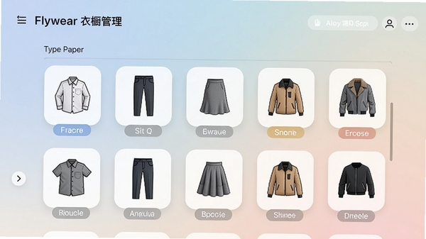 Flywear衣橱管理界面,展示虚拟衣橱内按类型分类的服装图标,包括衬衫、裤子、裙子、外套等,每个图标下有标签,背景为柔和渐变,界面整洁,体现智能分类功能