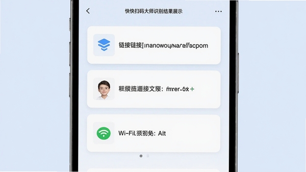 快快扫码大师识别结果展示界面,显示链接、文本、Wi-Fi等不同分类卡片,界面简洁,背景为淡蓝色,突出智能分类功能