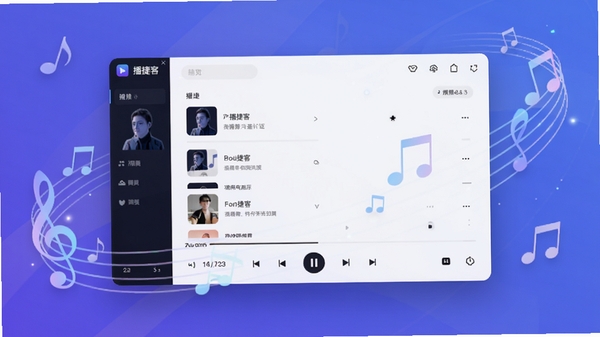播捷客主界面预览图,展示其简洁直观的音乐列表与播放控制面板,背景为渐变蓝紫色调,画面中心突出播放器主界面,周围带有柔光与音符元素,整体风格现代且富有科技感,适配Boogu模型生成。