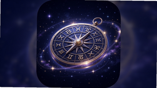 为R星座软件创作一张科技感与神秘感融合的竖版封面图,画面主体是一个发光的立体星座罗盘悬浮在深蓝色星空背景中央,罗盘表面镌刻着十二星座符号,四周环绕流动的星光轨迹与淡淡的星云,整体色调以深邃蓝紫与金色为主,突出专业、神秘、探索的视觉氛围,画面干净无文字,适合作为应用商店预览图