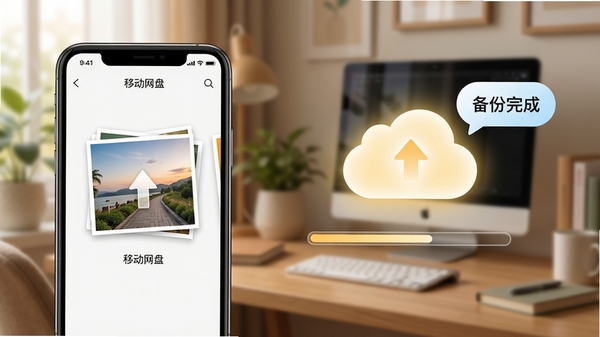 移动网盘存储自动备份功能示意图,手机屏幕显示照片正在上传,云端图标亮起,背景为舒适的居家办公场景,画面带有进度条与“备份完成”提示气泡,风格写实且色彩柔和,突出安全与便捷感