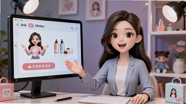 AI数字人直播带货场景,一个虚拟主播正在介绍产品,屏幕上显示商品链接,背景为直播间风格,灯光柔和,氛围热闹,体现直播应用场景