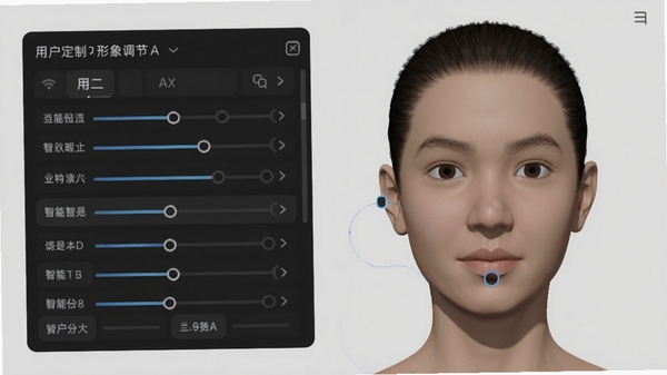 AI数字人形象定制界面,左侧为参数调节面板,右侧实时显示3D人脸模型,用户可调整面部特征,背景浅灰色,界面清爽,人物模型精致,体现智能生成技术