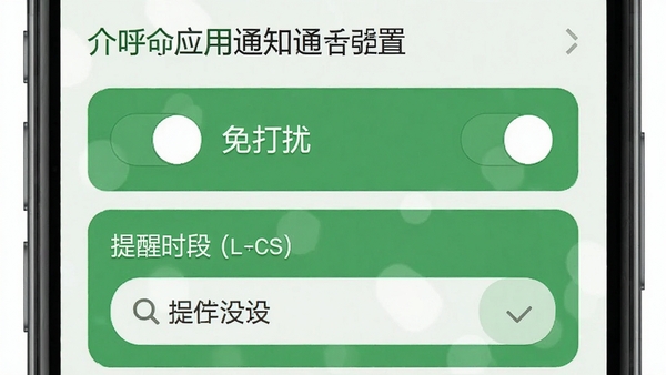 介呼应用通知设置界面,展示免打扰开关与提醒时间段选择,界面以绿色为主色调,配以清晰的开关图标