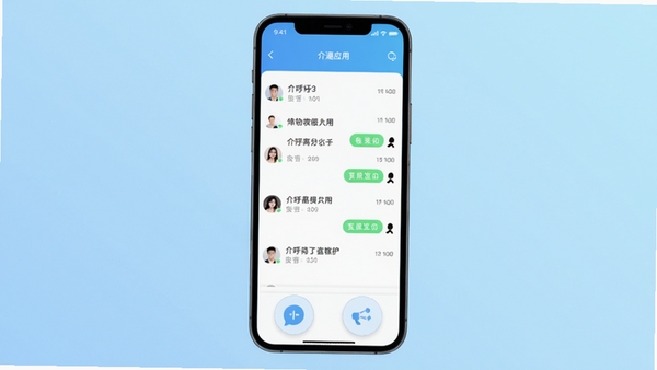 介呼应用主界面预览图,展示手机屏幕上的简洁聊天列表与底部功能按钮,背景为淡蓝色渐变,整体风格现代清新,突出沟通软件的核心交互场景