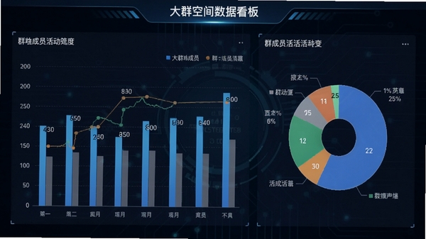 大群空间数据看板截图,展示柱状图和饼图统计群成员活跃度,背景为深色科技感界面,数据可视化元素突出,风格专业清晰