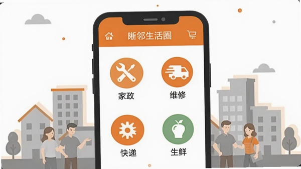 扁平化风格插图,展示晰邻生活圈APP的服务分类页面,手机屏幕上有家政、维修、快递、生鲜等图标,每个图标下方有简短文字,背景是简洁的社区建筑剪影,橙色和灰色搭配,画面活泼清晰,突出服务多样性