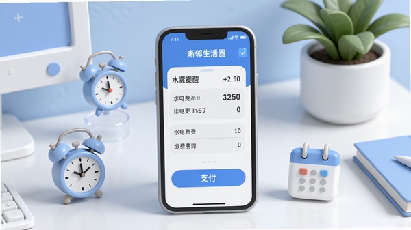 现代3D渲染风格,展示晰邻生活圈APP的缴费提醒页面,手机屏幕上显示水电费账单和支付按钮,周围有闹钟和日历小图标,背景是干净的书桌和绿植,色调以浅蓝和白色为主,给人清爽可靠的感觉