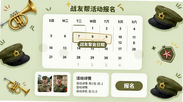 战友帮活动报名功能展示,日历界面标注着战友聚会日期,下方有活动详情卡片和报名按钮,背景为淡绿色,配以军号、军帽等元素装饰,突出战友聚会主题,设计简洁活泼