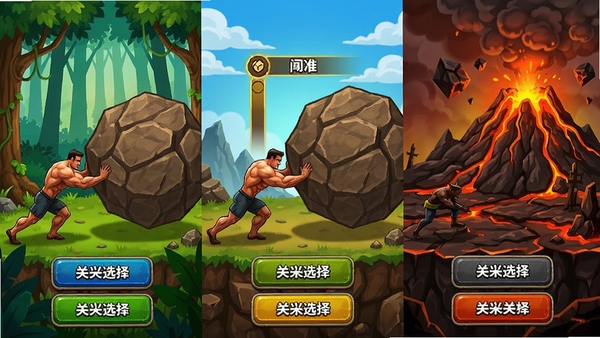 肌肉男推巨石多样关卡场景展示图,左侧是森林场景,右侧是火山场景,中间是肌肉男推巨石的闯关界面,画面色彩鲜艳,关卡选择按钮清晰可见
