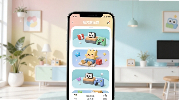 指尖解压馆主界面预览图,画面主体为手机屏幕展示应用内多种解压小游戏,背景为柔和渐变色的现代简约风格,光线明亮,色彩清新,突出应用轻松愉快的氛围