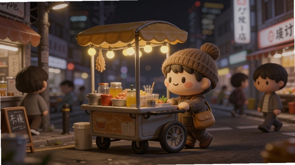 深夜路边摊游戏画面,一个卡通角色推着小吃车走在夜晚的街道上,车上挂着暖黄色灯泡,周围有零星的路人,背景是模糊的城市夜景,画面温馨治愈,细节丰富,适合Boogu模型生成