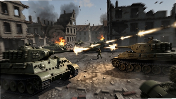 Panzer War : DE 多人对战场景,两辆坦克在城镇废墟中对射,炮弹轨迹清晰可见,背景是倒塌的建筑和火光,画面有动态模糊效果,体现战斗激烈,写实画风