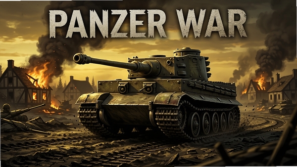 Panzer War : DE 游戏主视觉图,画面中央是一辆虎式坦克在黄昏战场上行进,背景是燃烧的房屋和浓烟,地面有履带痕迹,整体色调偏暗黄,写实风格,细节丰富,适合作为游戏宣传图
