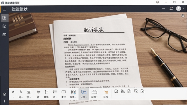 律律通律师版文书编辑页面,屏幕显示一份起诉状文稿,下方工具栏有字体、段落、插入等选项,背景为木纹办公桌,旁边放有眼镜和钢笔,画面专业且安静,软件名称在标题栏。