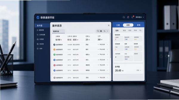 展示律律通律师版在主界面运行的预览图,画面中央显示案件列表与日程安排,背景为简约的深蓝色办公桌面,突出软件的专业与高效,整体风格商务大气,软件名称清晰可见。