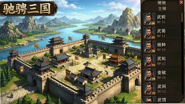 游戏主界面截图,显示驰骋三国游戏的城市建设画面和武将列表,背景为三国时期的城池与山水,整体风格写实,色彩鲜明,突出游戏的整体氛围