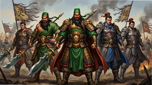 驰骋三国武将立绘展示,画面中央是关羽、张飞、赵云等名将的全身像,背景是战场硝烟,人物细节精致,铠甲纹理清晰,营造出三国名将的英武之气