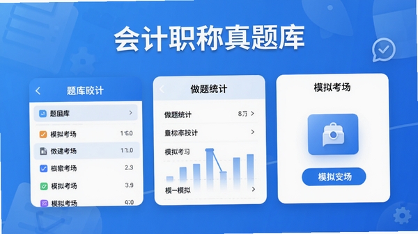会计职称真题库软件主界面预览图,展示题库列表、做题统计、模拟考场等核心功能模块,背景为简洁的蓝色渐变,突出软件名称与学习氛围,整体风格现代清晰,适合应用商店展示