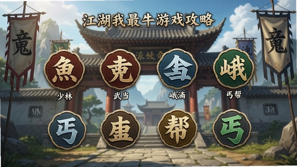 江湖我最牛游戏攻略图,展示门派选择界面,几个门派图标排列,包括少林、武当、峨眉、丐帮等,图标设计古风,背景为山门与旗帜,画面明亮,信息清晰,风格写实,竖版构图