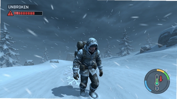 Unbroken - Survival 游戏内天气系统截图,画面中主角正在暴风雪中艰难前行,地面覆盖厚厚积雪,天空阴沉,可见度极低,角色身上有雪花飘落效果,UI界面显示体温正在下降的警告图标,整体色调冷蓝,强调严酷环境下的生存压力