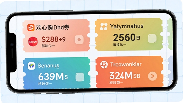 欢心购优惠券聚合页面示意图,屏幕上显示多张彩色优惠券卡片,每张卡片标注平台logo与折扣金额,背景为浅蓝色网格,手机横屏展示,画面干净清晰