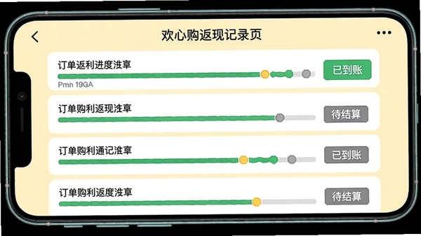 欢心购返现记录页面,显示多条订单返利进度条,有“已到账”绿色标签与“待结算”灰色标签,手机界面细节丰富,背景为淡黄色