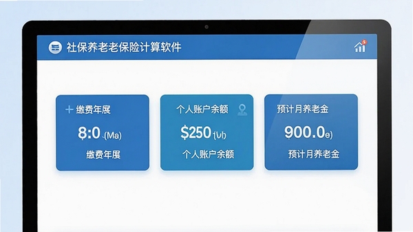 社保养老保险计算软件界面预览图,展示养老金估算结果页面,背景为简洁的蓝白配色,屏幕中央显示缴费年限、个人账户余额、预计月养老金等关键数据卡片,整体风格清爽专业,适合作为软件主视觉图