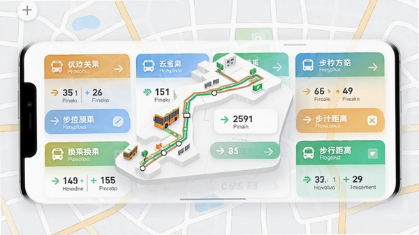 精准秒查公交路线软件的路线规划功能展示,屏幕上显示多条公交线路对比卡片,包含时间、步行距离和换乘信息,背景是简洁的地图网格,色彩明快,突出高效规划的核心特点,画面中心是线路对比的3D效果图