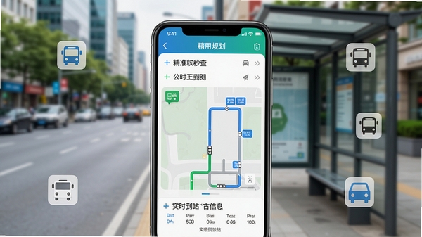 精准秒查公交路线软件界面预览图,手机屏幕显示公交路线规划与实时到站信息,背景为模糊的城市街道与公交站台,整体色调清新明亮,突出软件的实用与便捷,画面主体是手机界面特写,周围有简约的交通图标点缀