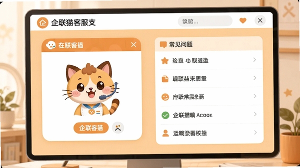 企联猫客服支持界面,展示在线客服窗口和常见问题列表,背景为浅橙色,客服头像为卡通形象,界面友好亲切,整体风格温馨