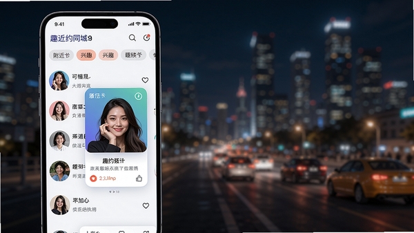 趣约同城app主界面预览图,展示附近的人列表和兴趣标签筛选栏,背景为模糊的城市夜景,手机屏幕高亮显示匹配卡片,整体风格现代简约,色彩明快,突出同城社交氛围