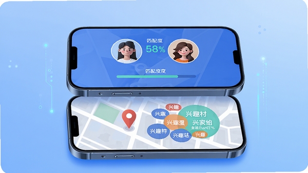 趣约同城智能匹配功能示意图,画面中央是两部手机叠放,上方手机屏幕展示两个用户头像和匹配度百分比,下方手机显示地图定位点与兴趣标签云,背景为柔和的渐变蓝色,科技感与亲切感并存