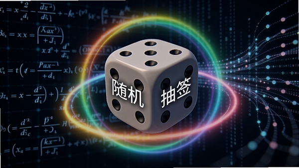 展示随机抽签软件公平随机算法的概念图,画面中有一个被彩虹色光环围绕的骰子,骰子表面印有“随机抽签”字样,背景是抽象的数学公式与数据流,体现算法的高效与公正。